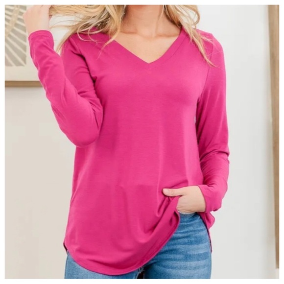 11 It’s That Simple Solid V Neck Long Sleeves T in Dark pink - Picture 2 of 5